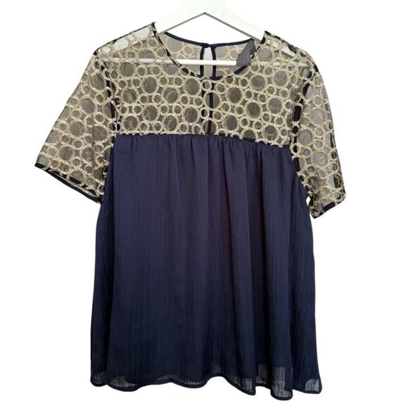 Anthropologie Sunday in Brooklyn Blouse Swing Navy Gold Large Flaw - Picture 1 of 5